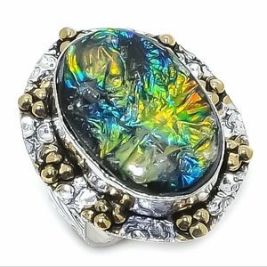 Dichroic Glass Gemstone 925 Sterling Silver Two Tone Jewelry Ring Size 9